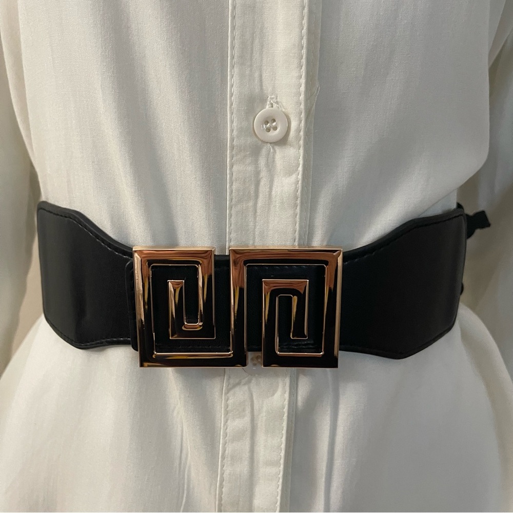 Black PU leather rectangle gold tone buckle elastic waistband belt